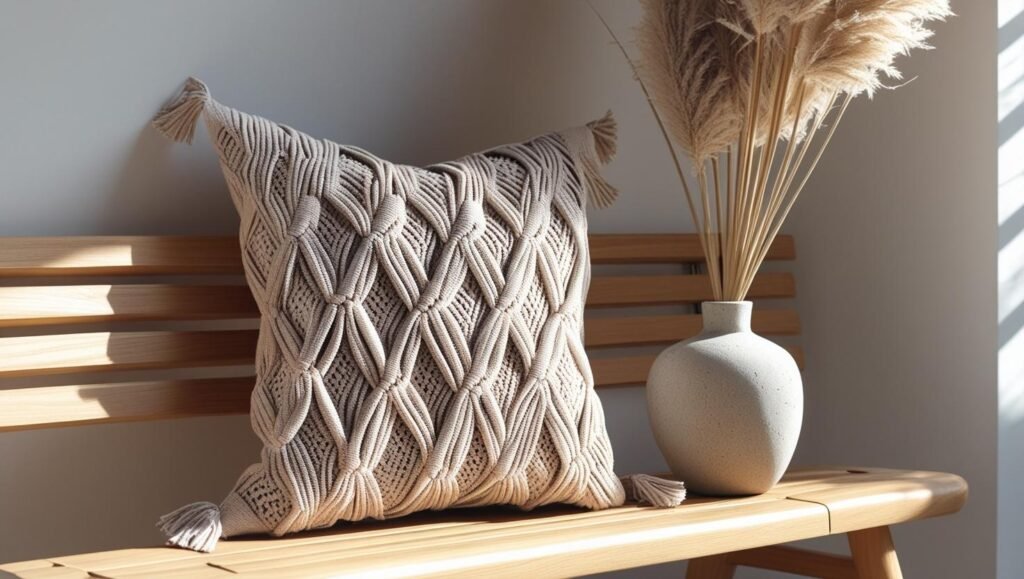 neutral macrame style pillow on a japandi bench, styled with dried pampas and stone vase, bright lighting