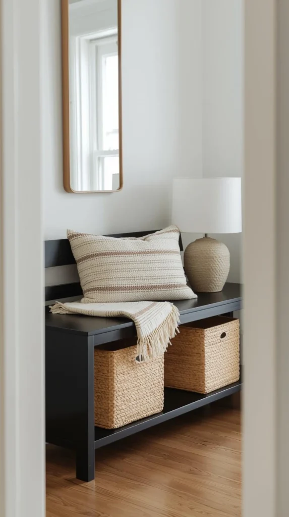 neutral toned entryway with a shaker style bench in matte black with two woven hyacinth baskets underneath.