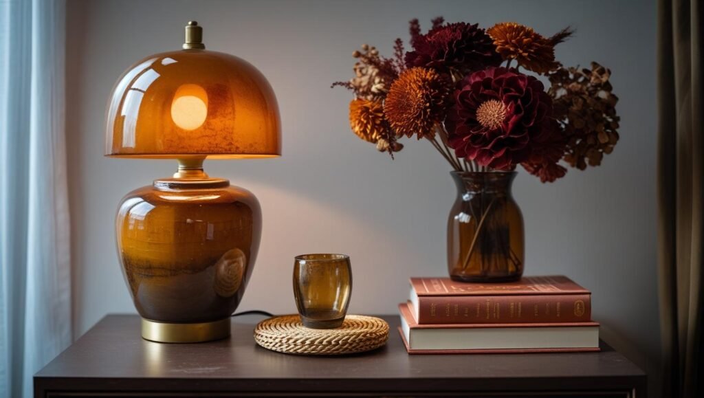 nightstand styled with ceramic lamp, coaster, dried flowers, and fall toned book stack