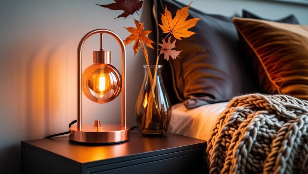 nightstand with a metallic copper lamp, warm golden light, modern fall accents (1)