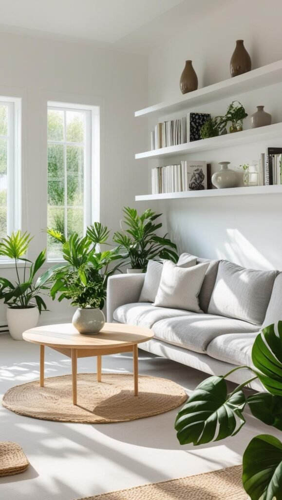 open plan living space with scandinavian inspired decor neutral toned sofa