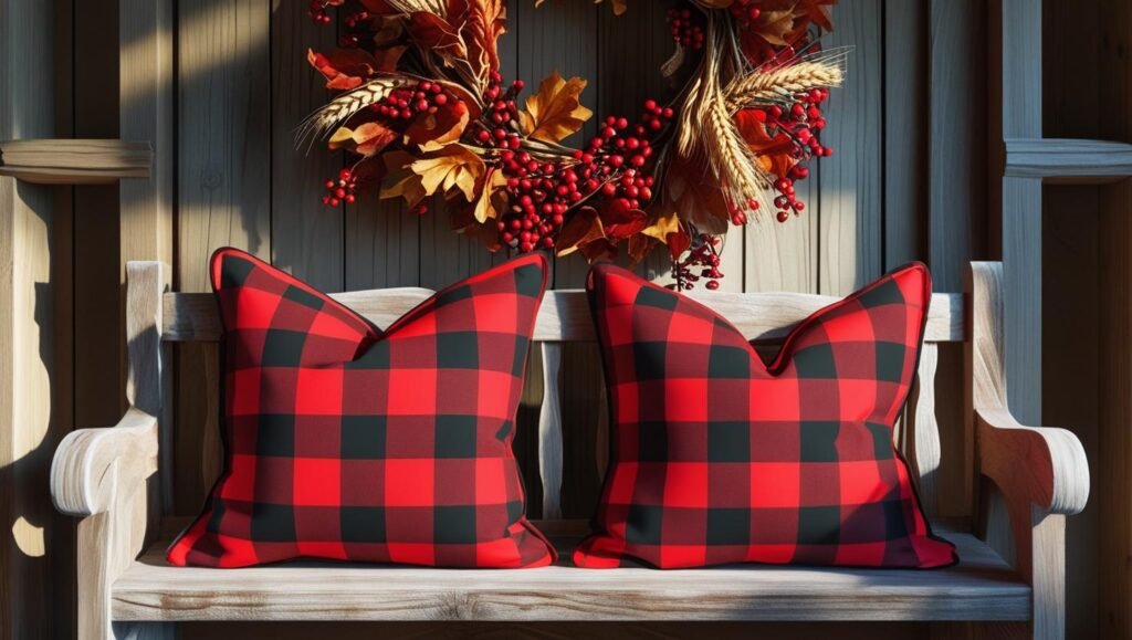 pair of buffalo check pillows on a farmhouse entryway bench with hanging fall wreath above