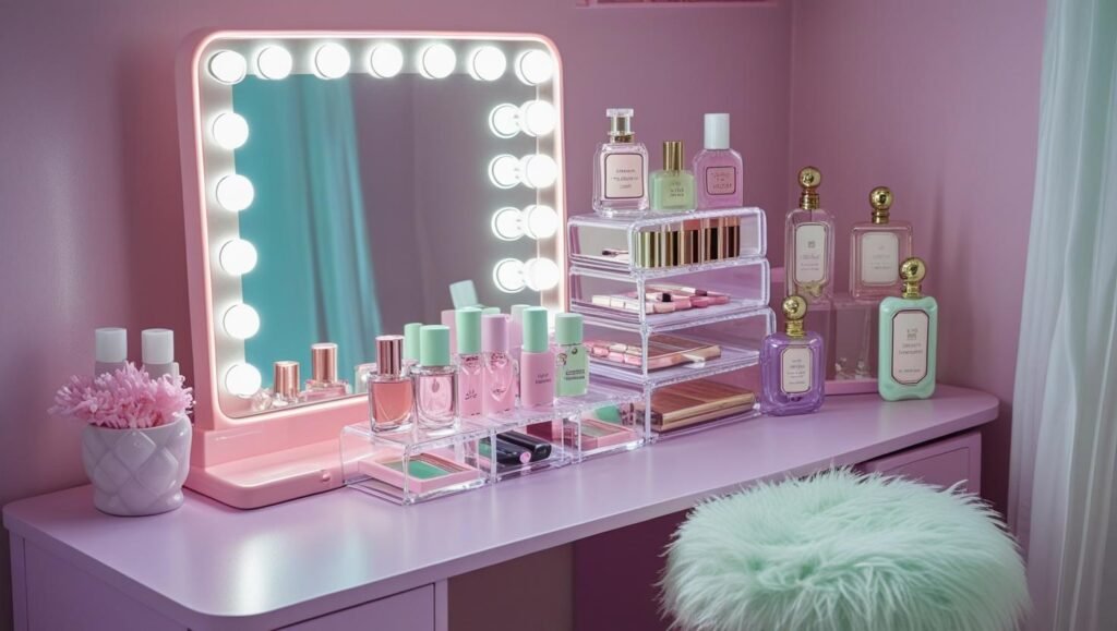 pastel mini vanity setup with light up mirror, clear acrylic makeup organizers, vintage perfume bottles, and a fuzzy white vanity stool. aesthetic girly corner for y2k bedroom.