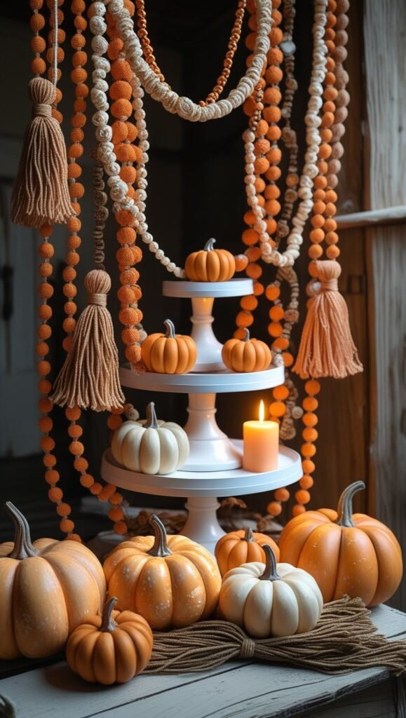 rustic beaded garlands painted in fall colors of orange, cream, and brown with tassel ends, styled