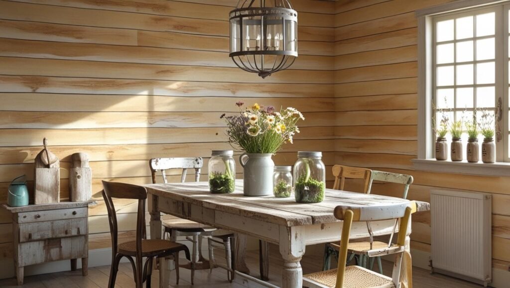 rustic dining space with faux wood shiplap wallpaper and farmhouse decor