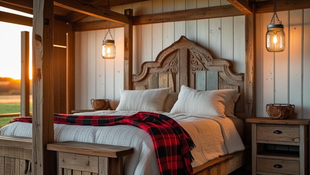 rustic farmhouse bedroom with mason jar pendant lights hanging over nightstands, reclaimed wood furniture, plaid throw blanket