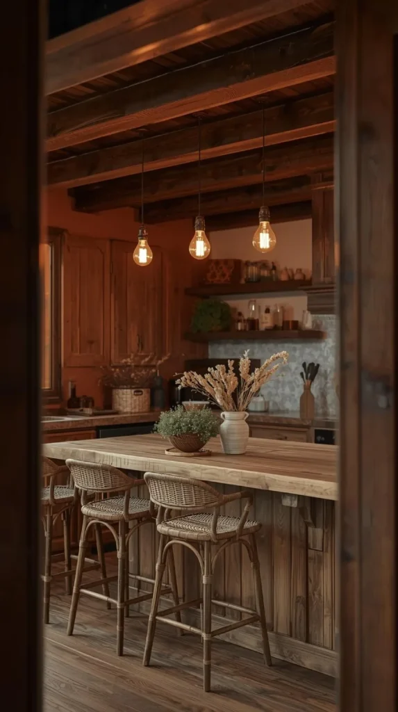rustic kitchen with exposed wood ceiling beams and hanging vintage edison bulbs