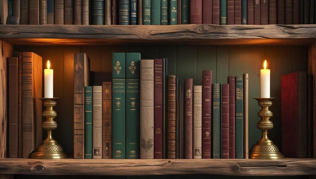 rustic modern wooden bookshelf filled with mismatched vintage hardcovers, surrounded by small brass decor and candles, warm golden light, realistic photography