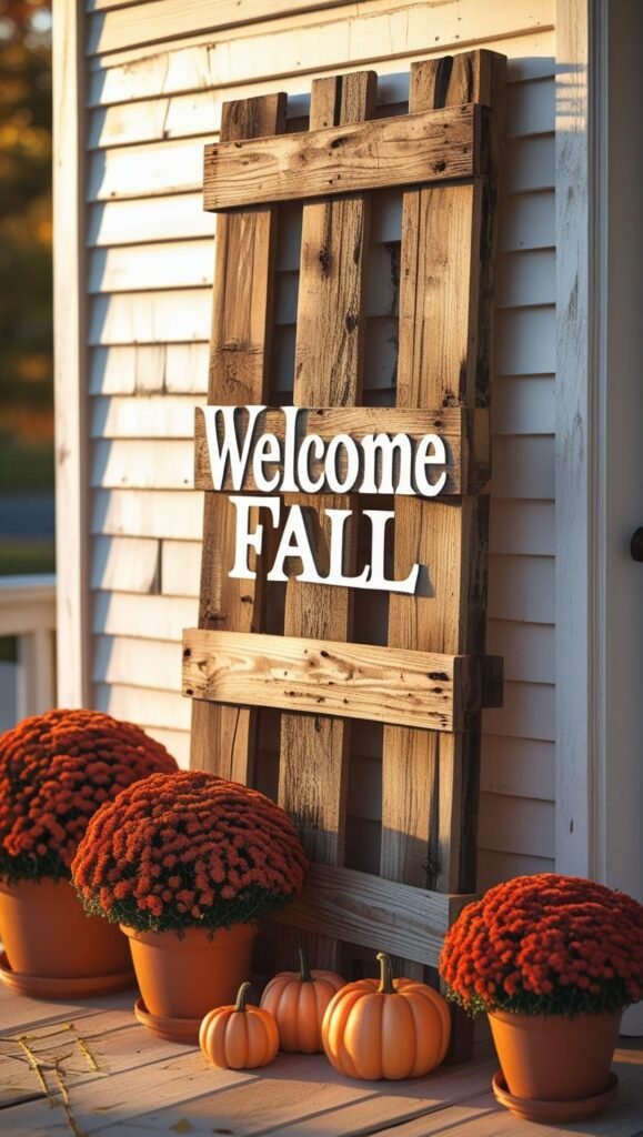 rustic wooden pallet sign that reads “welcome fall” in white paint, leaning against a porch wall with potted mums and pumpkins around it