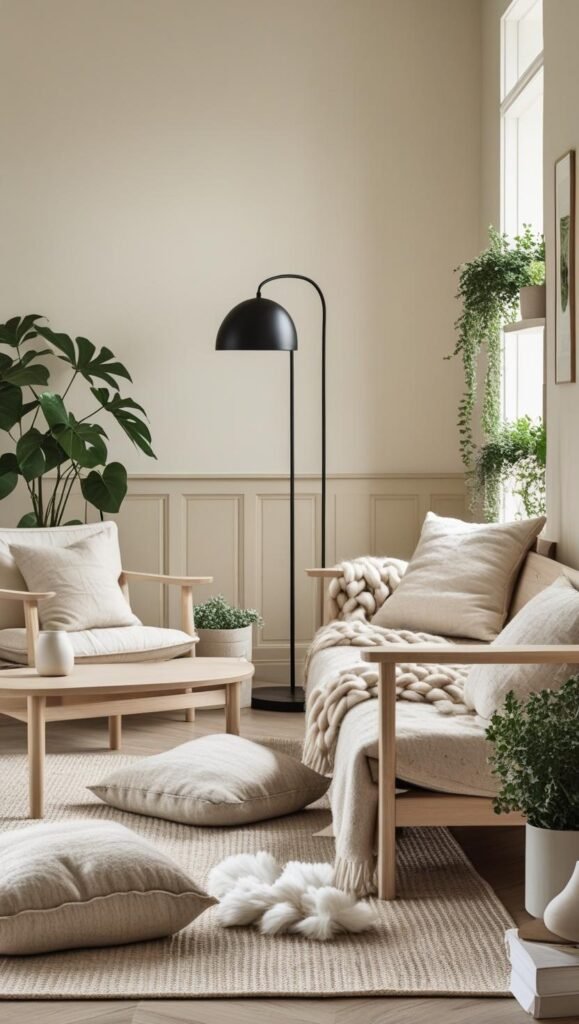scandinavian living room vignette with matching light wood tones, soft textiles, layered neutral rugs, and negative space.