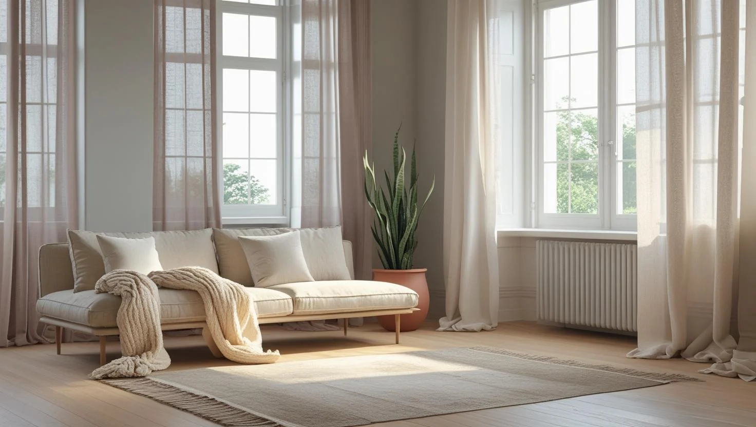 scandinavian living room with light wood floors, a low profile neutral sofa, cozy throw blankets, a textured rug.