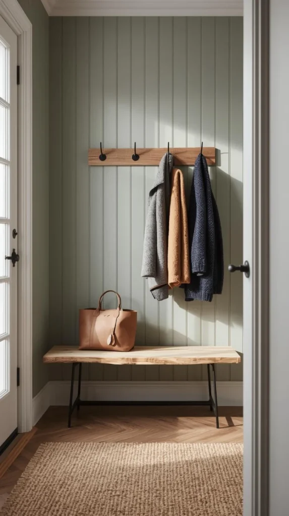 scandinavian style entryway with vertical paneled wall painted in soft sage green