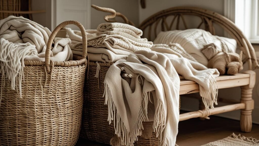 seagrass and wicker baskets holding blankets, near a bed or under a boho bench