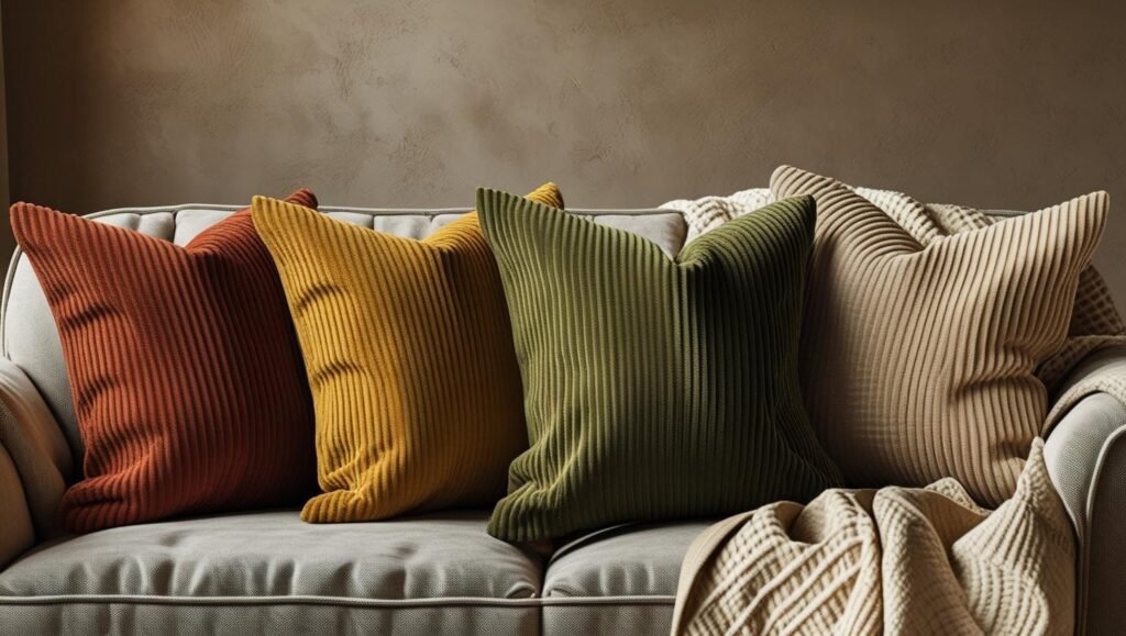 set of four corduroy pillows (rust, mustard, olive, beige) styled on a sofa with neutral blankets, textured background
