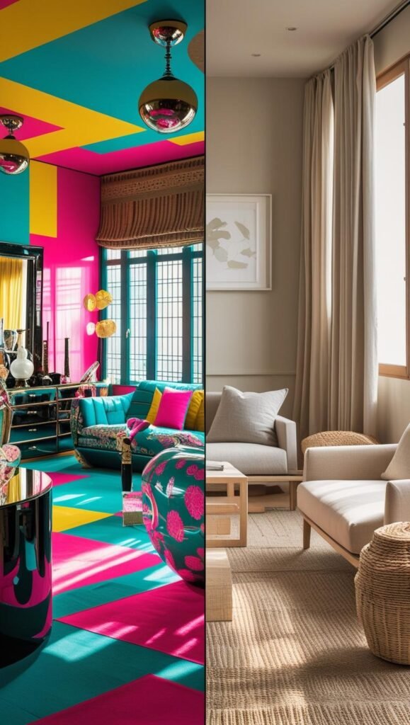 side by side visual comparison on the left, a cluttered room with bold patterns