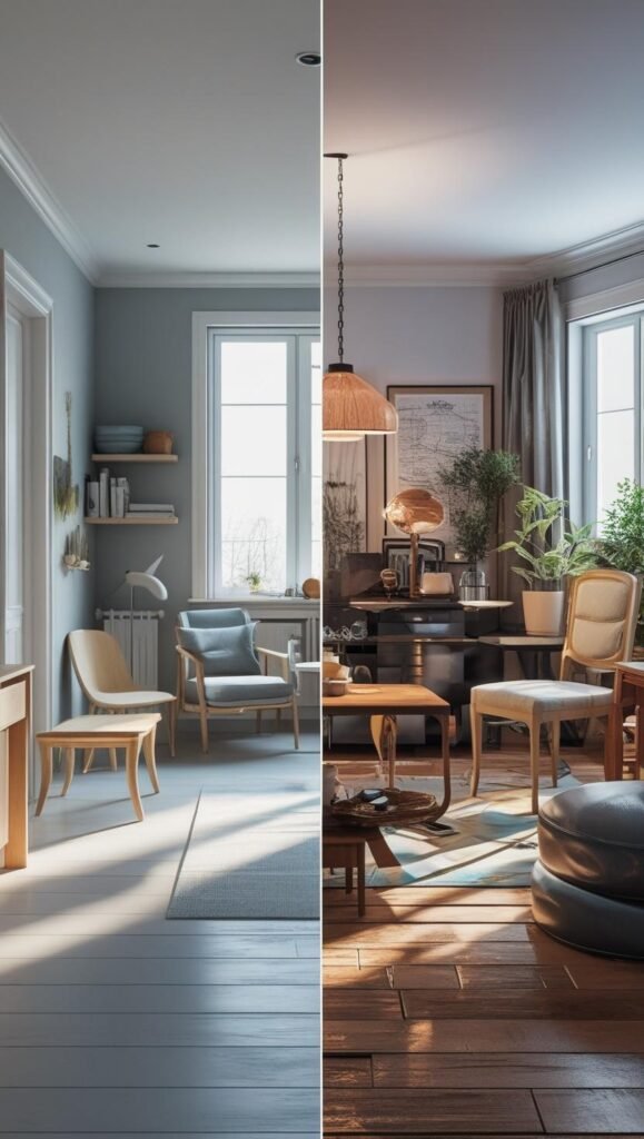 side by side visual of two scandinavian inspired spaces one showing a clean, minimal room