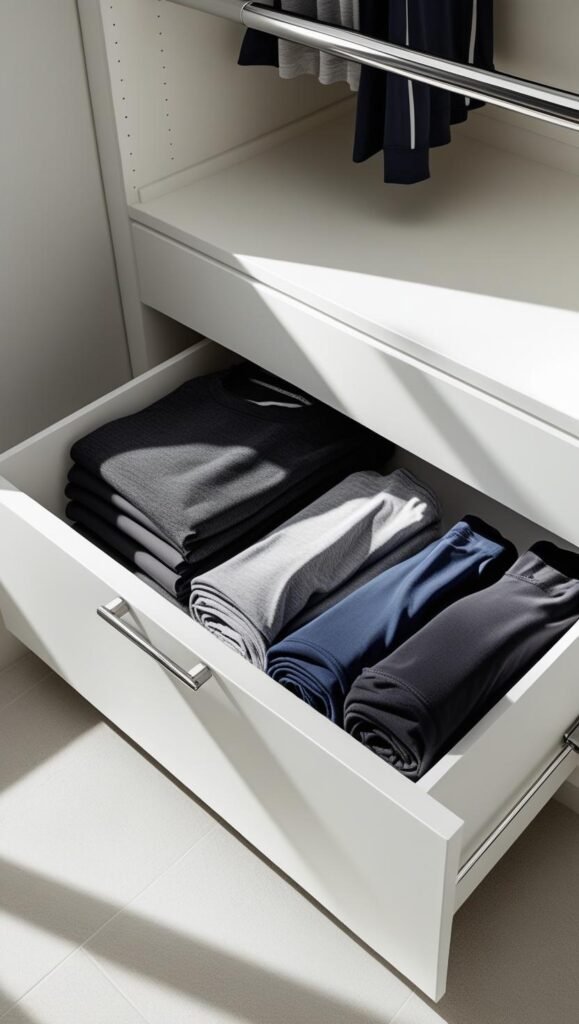 small closet floor with a white pull out drawer unit filled with neatly folded workout clothes.