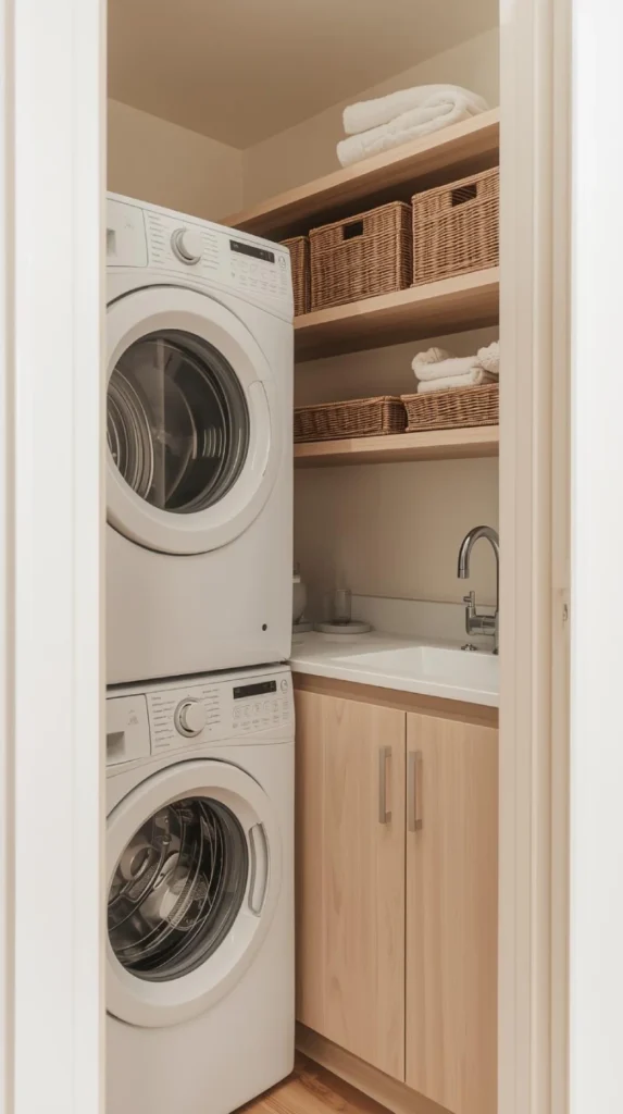 small corner laundry setup with stacked washer and dryer, corner shelving, and baskets.