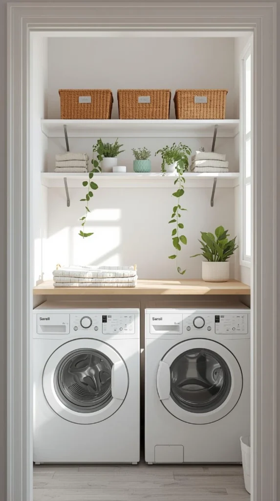 small laundry area with a folding table above front loading washer and dryer.