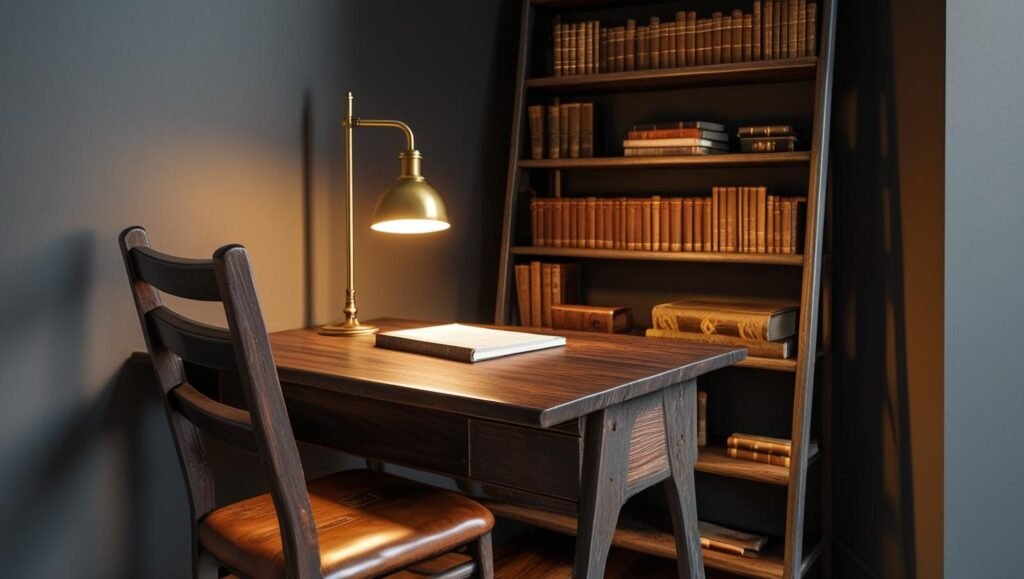 small modern corner setup with a thrifted dark wood desk, ladder back chair, small vintage bookshelf, brass table lamp, surrounded by deep toned walls, cozy lighting, realistic photography