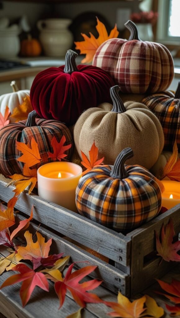 soft fabric pumpkins made from velvet, burlap, and plaid materials, arranged in a wooden crate.