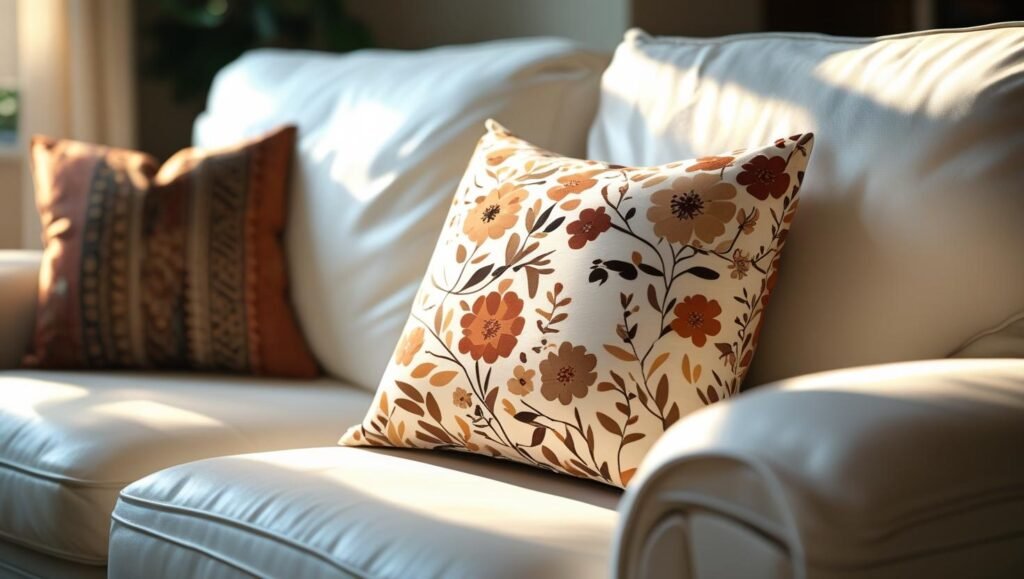 soft focus living room scene with a small floral pillow in earthy tones on a white couch, warm natural lighting