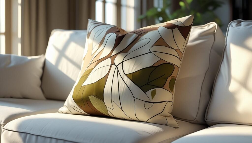 soft focus living room scene with abstract leaf pillow in earthy tones on a white couch, warm natural lighting