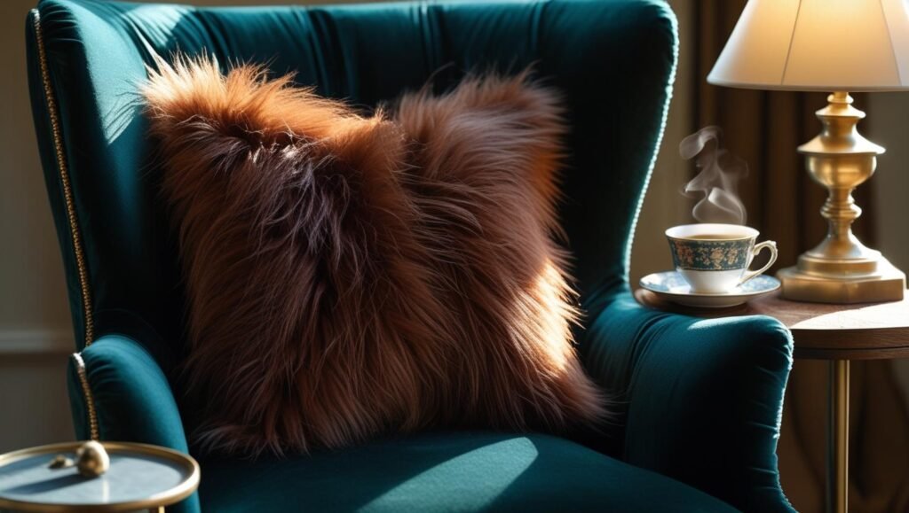 solo chestnut faux fur pillow on an accent chair, styled next to a side table with coffee and a lamp (1)