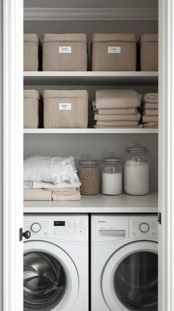 stacked open shelves above washer and dryer holding labeled bins, folded towels, and jars of laundry essentials.
