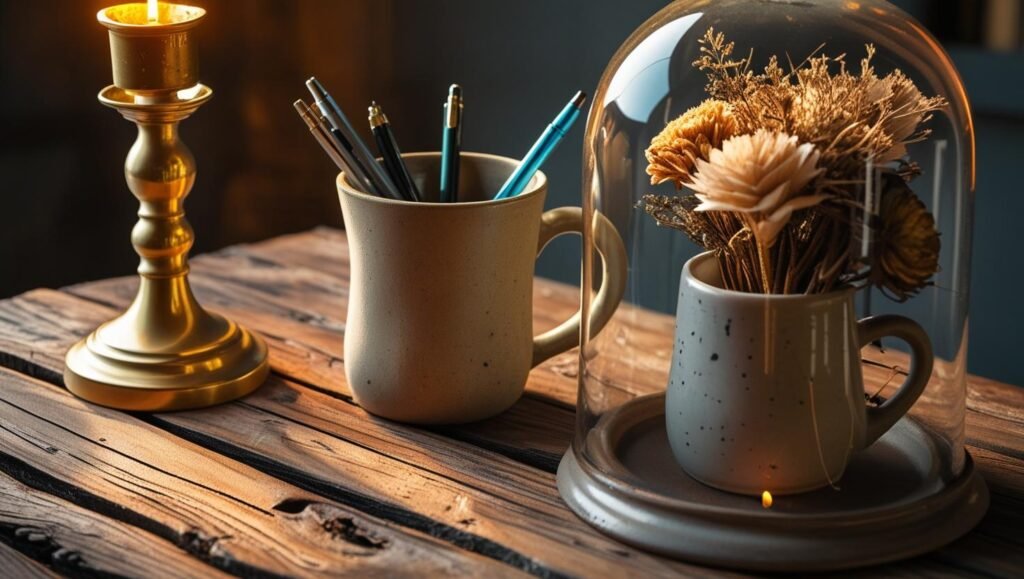 still life of brass candlestick with lit candle, ceramic mug holding pens, glass cloche over dried flowers, placed on rustic wood table, warm golden light, realistic photography
