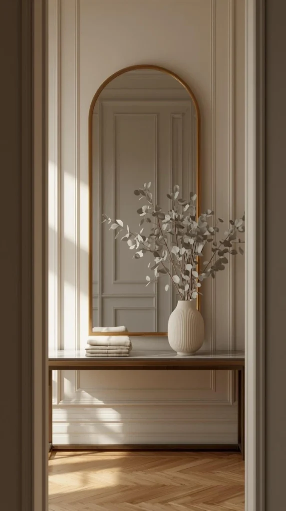 tall arched mirror with brass frame reflecting soft daylight.