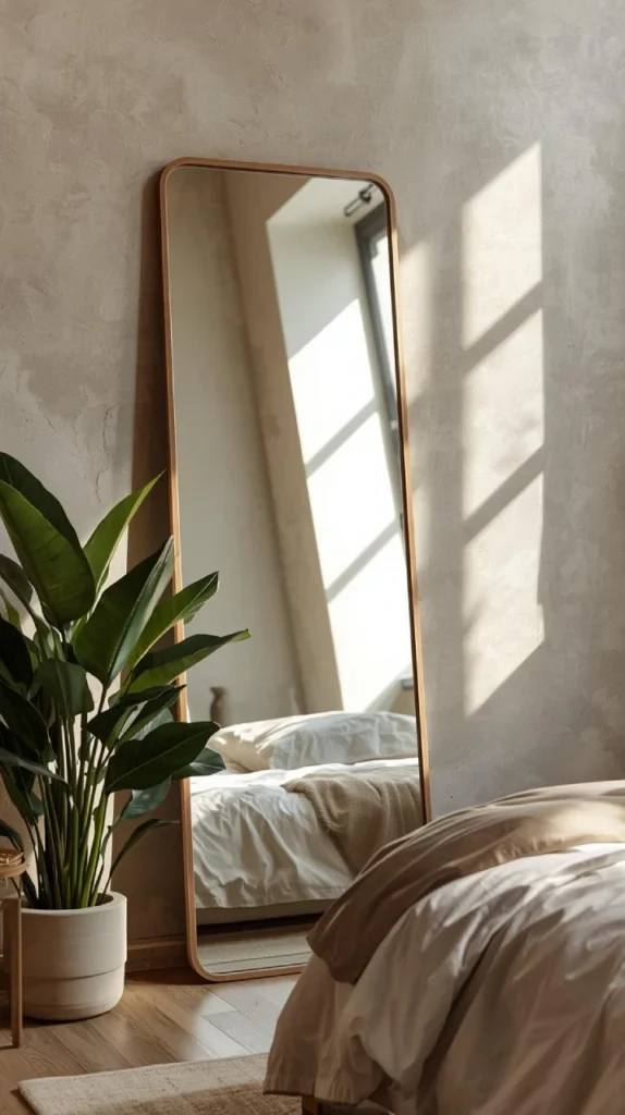 tall floor mirror leaning against a wall in a loft bedroom. natural light from window reflects in the mirror.