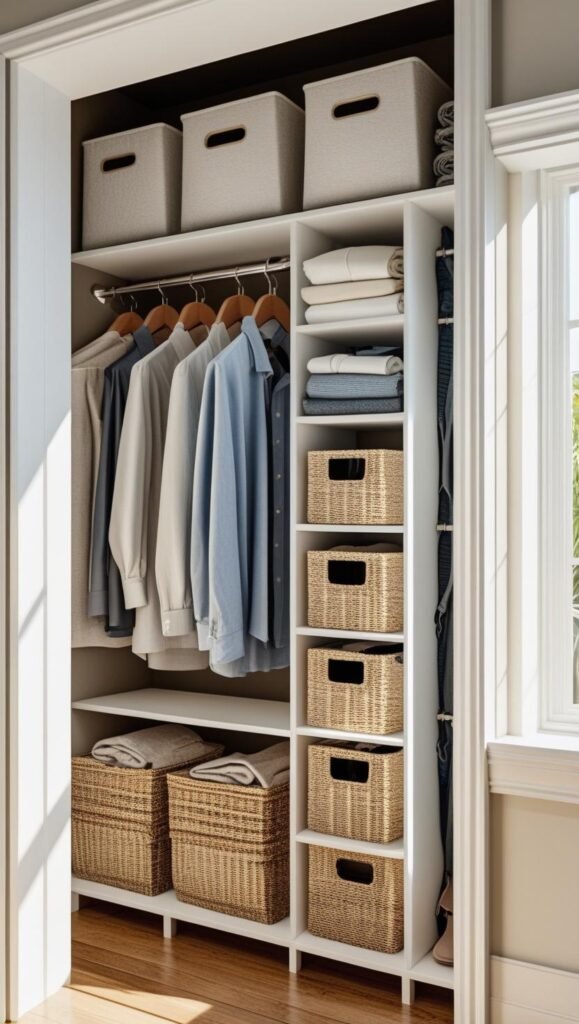 tall white closet with double hanging rods, vertical storage bins on the top shelf, and floor to ceiling organization.