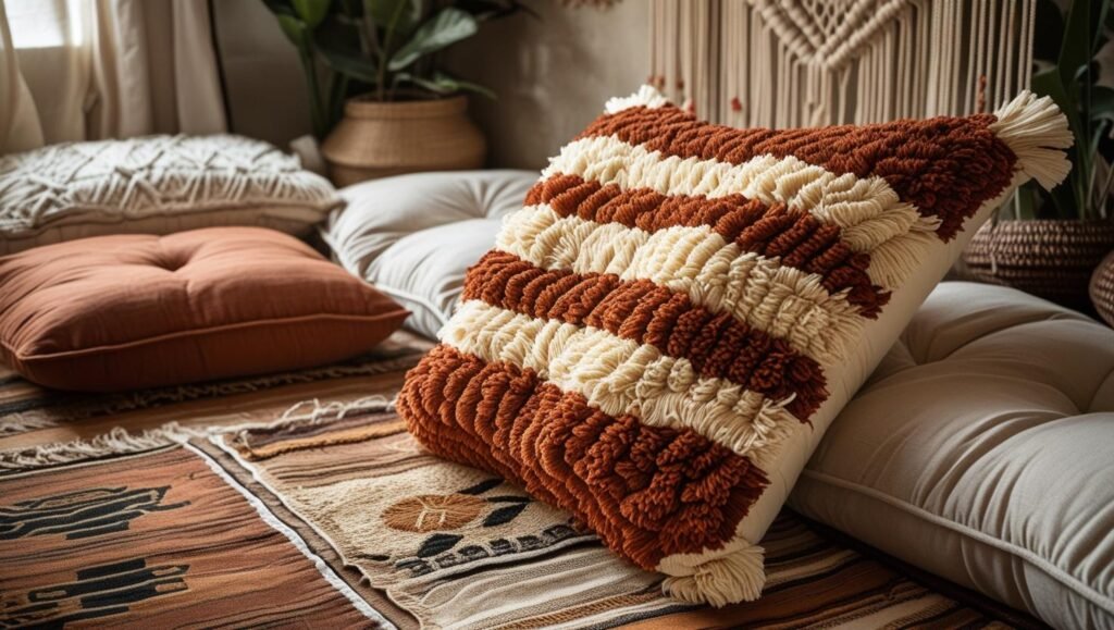 textured tufted pillow in rust and cream on a low seating area with layered rugs, macrame on wall