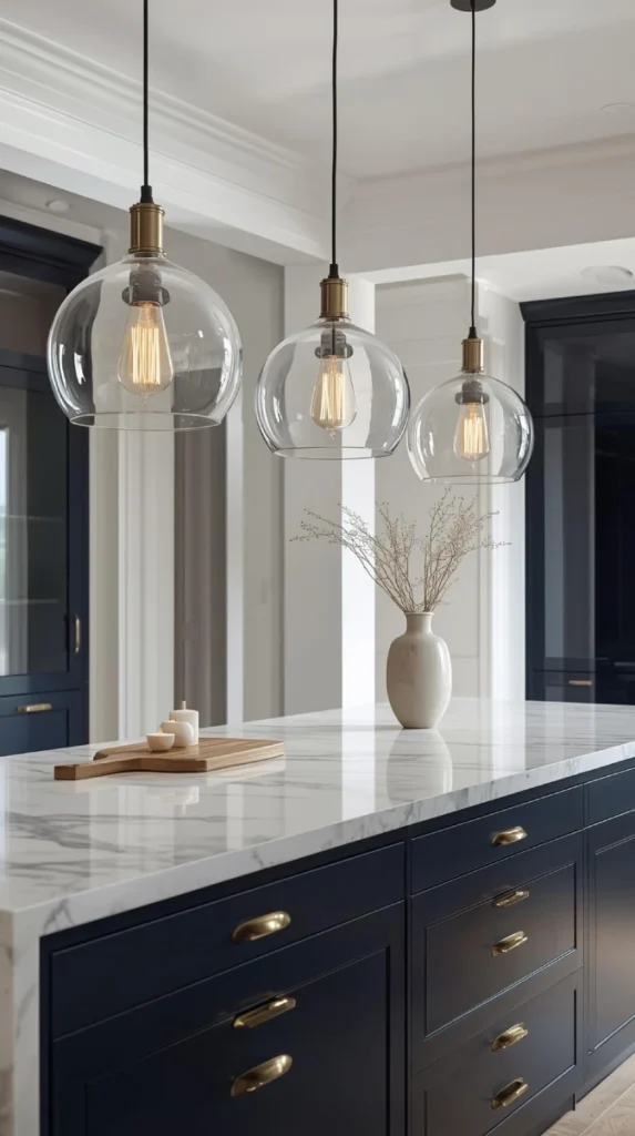 three large clear glass pendant lights above a white marble island.