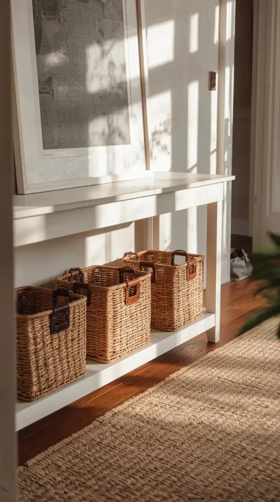 three rattan baskets with leather handles neatly tucked under a white shaker style console.