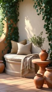 tiny patio corner setup with a curved stucco bench topped with natural toned cushions and a striped linen throw