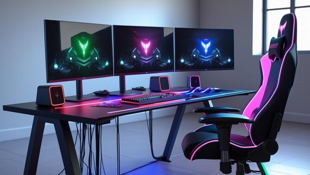 triple monitor gaming desk setup, clean cable management, ergonomic chair, rgb backlighting, modern aesthetic