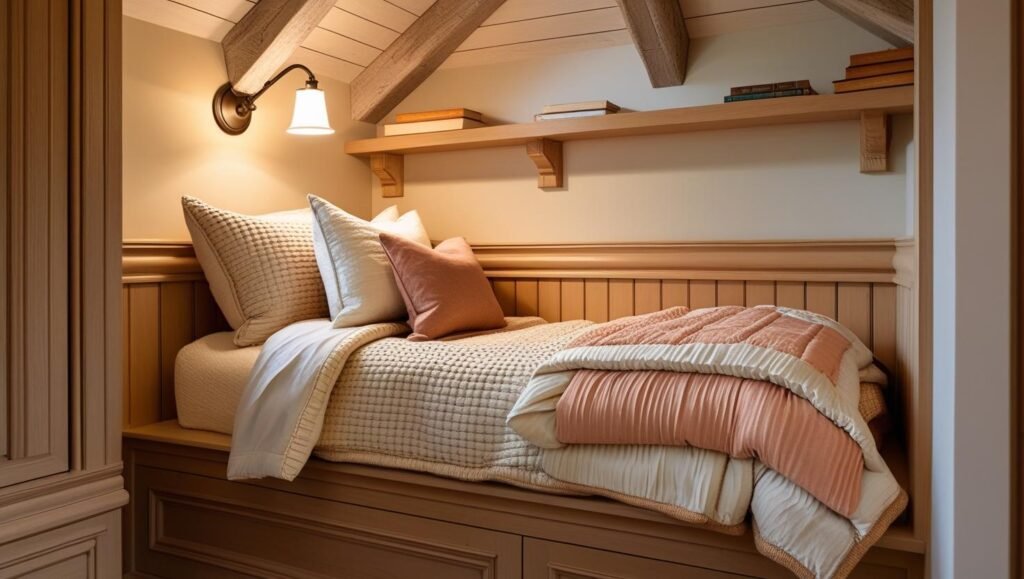 twin bed built into an alcove with custom millwork, soft lighting from a sconce, and a ledge shelf holding books. add layered bedding in warm tones. small room with a cabin or cottagecore feel.