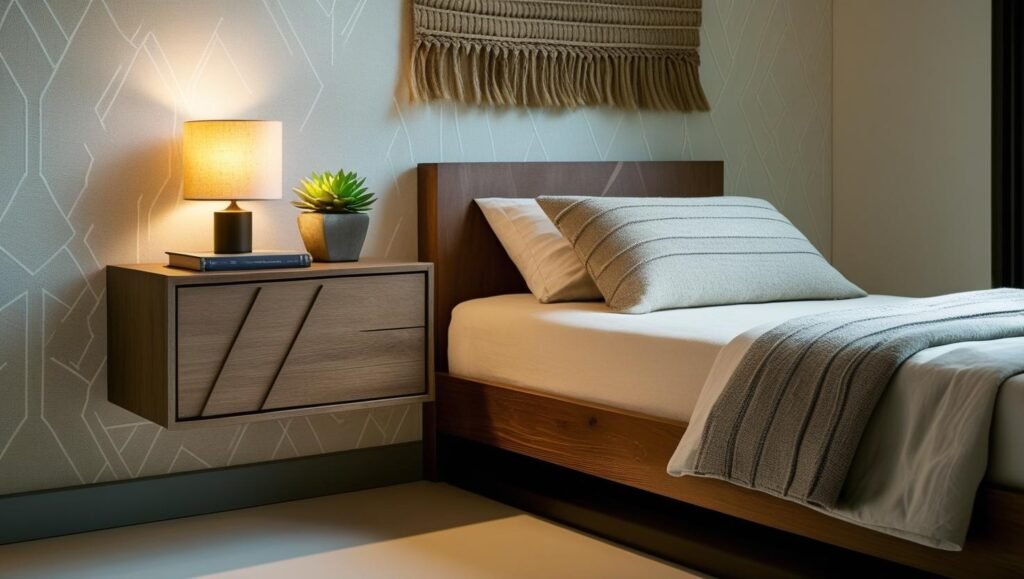 twin bed next to a wall mounted nightstand with a book, a small lamp, and a plant. modern boho style. keep the floor clean and include wall art or subtle patterns.