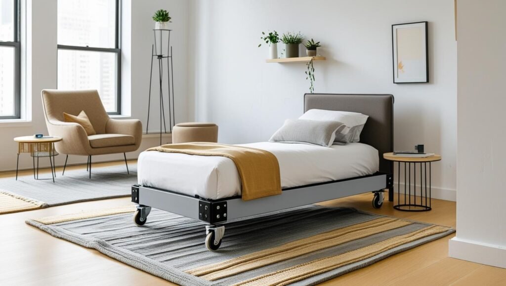 twin bed on visible locking casters, positioned in a flexible room layout. add movable furniture, layered rugs, and simple wall decor. urban apartment vibe.