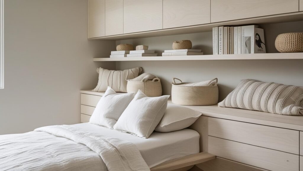 twin bed surrounded by custom wall cabinets and floating shelves. display minimal styling with books, bins, and soft textures. keep color palette soft and modern.
