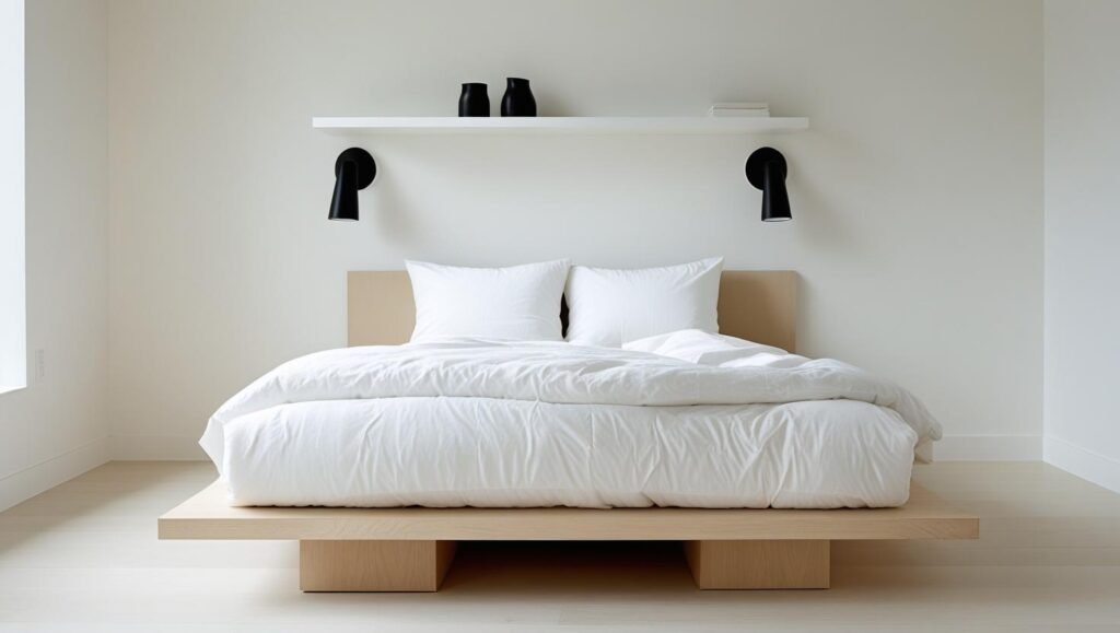 twin bed with a low platform frame and no headboard. white bedding, black wall sconces, and floating shelf. clean, scandinavian decor in a bright, clutter free room.