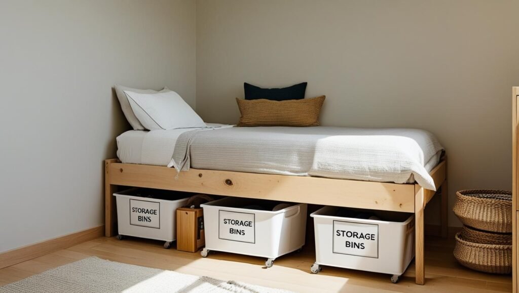 twin bed with open space beneath, showing clearly labeled rolling storage bins in use. bedroom should be small but functional. natural materials and a tidy, real life feel.