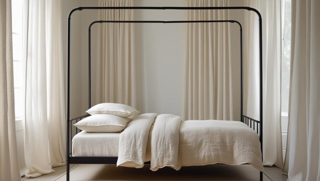 twin canopy bed with a minimalist black frame. neutral bedding, gauzy curtain panels, and soft natural lighting. small space but styled intentionally with high visual appeal.