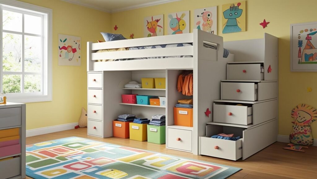 twin loft bed with built in stair drawers on one side. show a child’s room with colorful bins and decor, but clean and organized. focus on the staircase drawers in use.