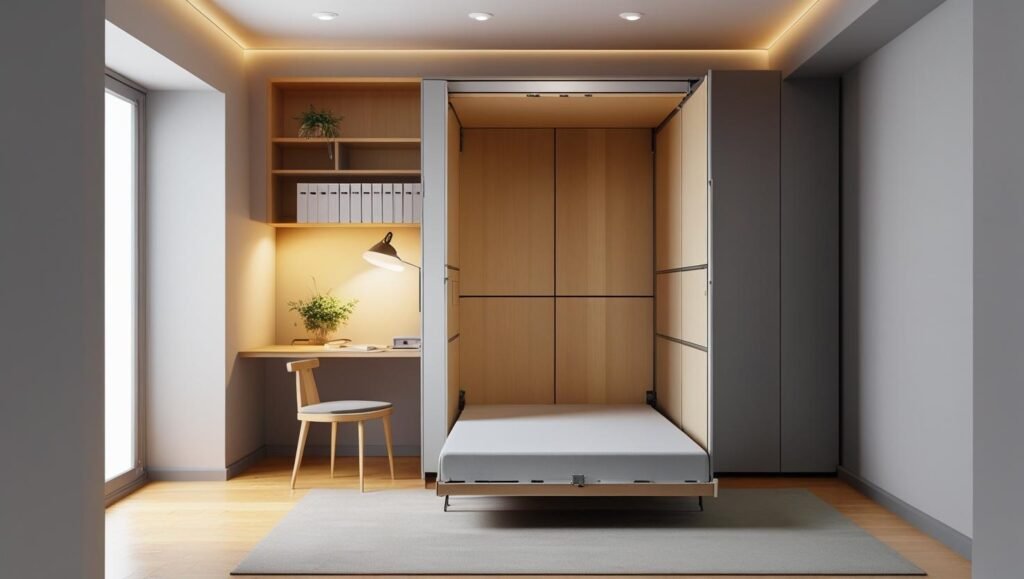 twin size murphy bed in a vertical wall cabinet, mid fold or tucked into the wall. small home office layout with a compact desk, bookshelf, and open space where the bed folds down.