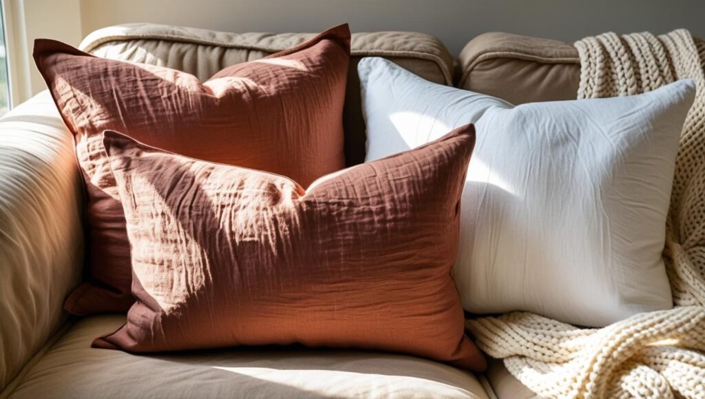 two deep terracotta linen pillows on a sofa, layered with white pillows and knit throw, bright natural light (1)