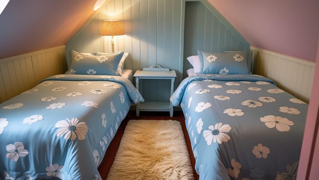 two twin beds placed in an l shape in a small shared bedroom. include matching bedding and a shared rug in the center. soft lighting and a warm, cohesive color palette.