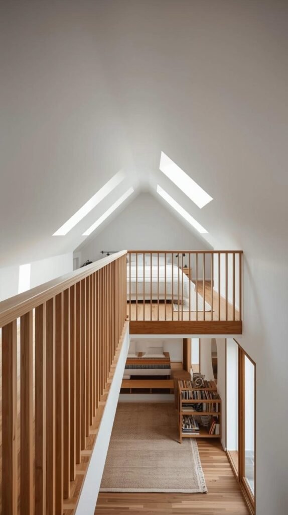 view from below looking up at a loft bedroom with a stylish vertical wood slat railing